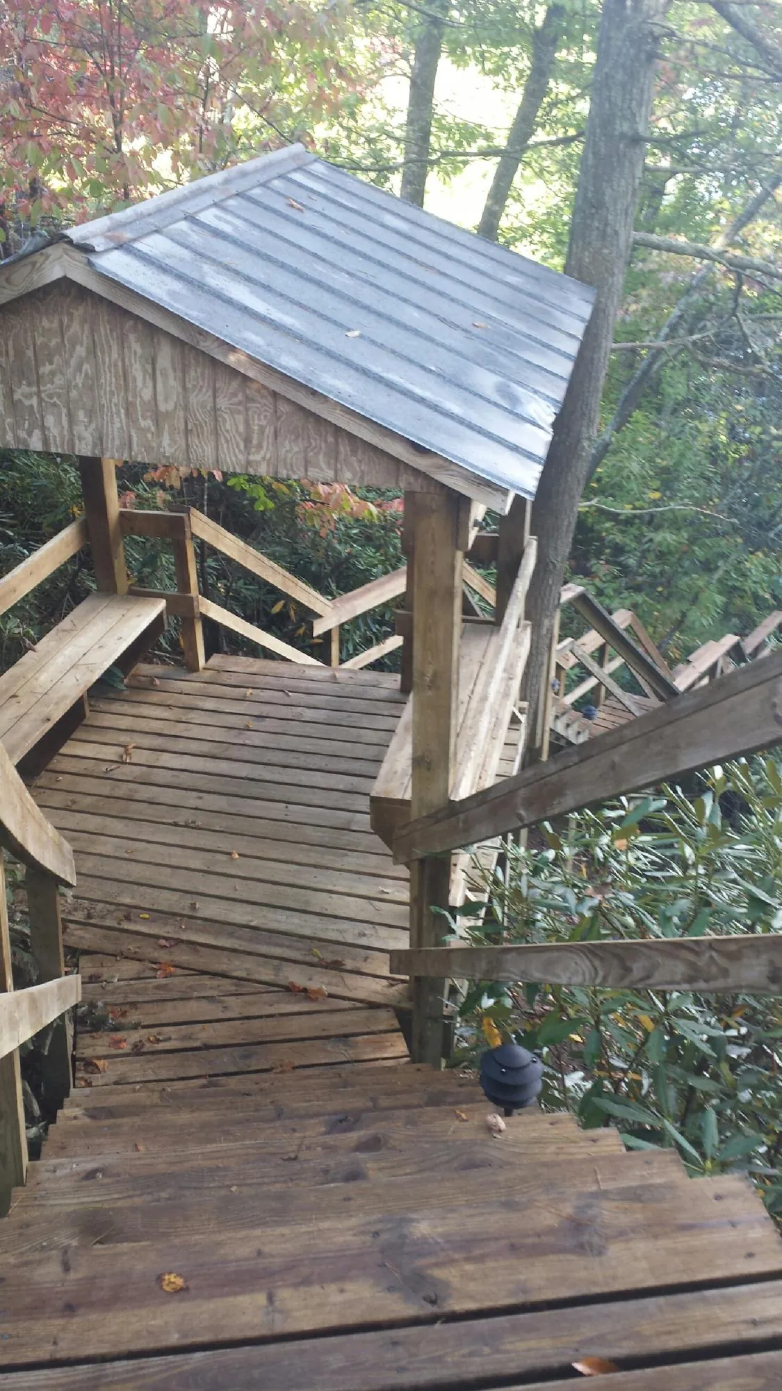 Metal roofed shelter over wooden steps on a wooded walkway — Skylight Repair & Installation work by our crew in Loon Lake